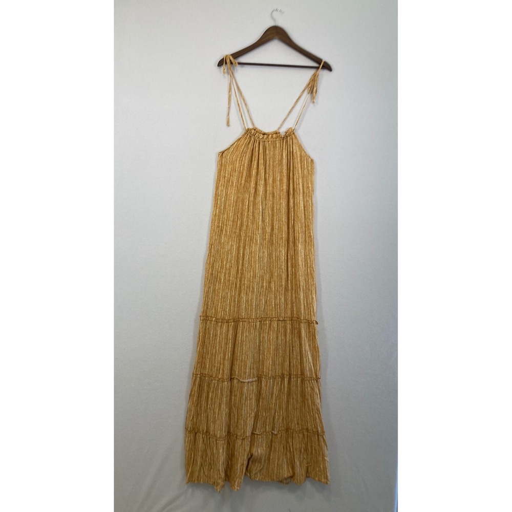 Daytrip Tiered Maxi Dress Gold Stripe Halter Tie Neck Gauzy Boho M
